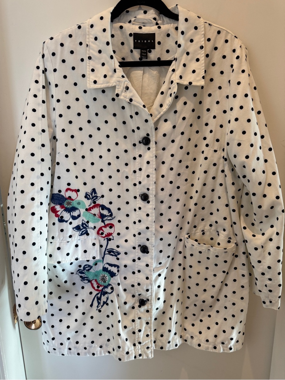 Tribal XL Polka Dot Floral Embroidered Cotton Utility Jacket White Navy
